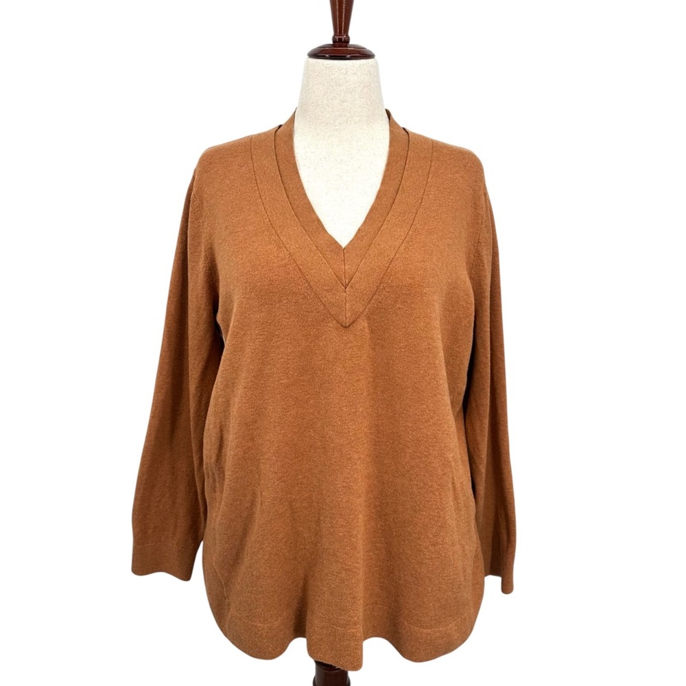 J. Jill V-Neck Sweater Rust Brown Nubbly Knit Cotton Blend Long Sleeve Plus 2X